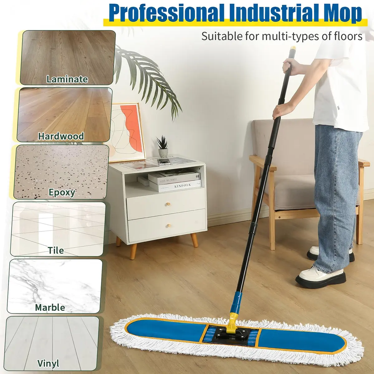 BUVE 36-inch Commercial Dust Mop with 2 Cotton Pads | Heavy Duty Industrial Floor Duster for Hardwood, Tile, Marble, Garage - view 3