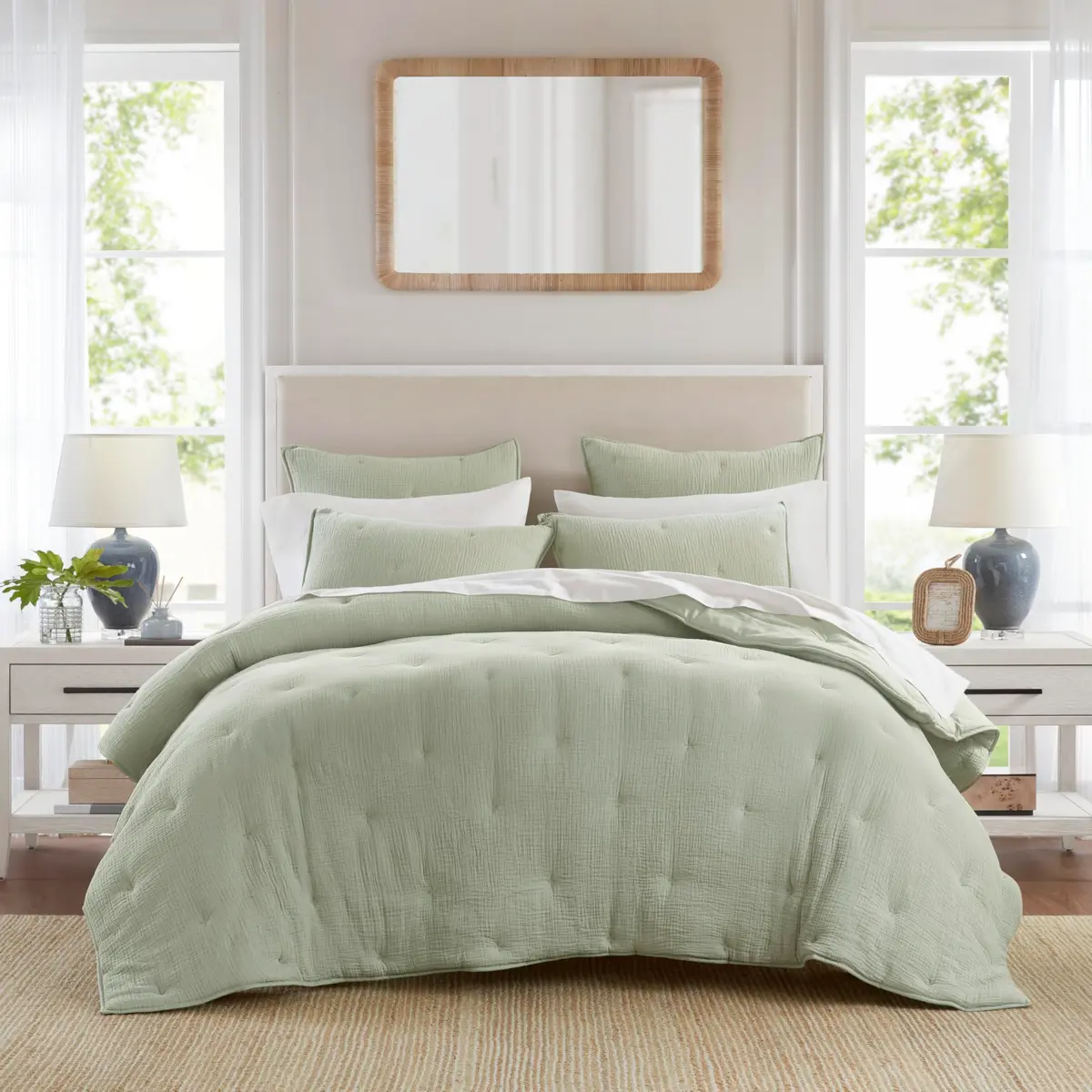 Harbor House Cotton Muslin Quilt Set Sage King | Lightweight All-Season Comfort with Embroidered Tacking - main product image