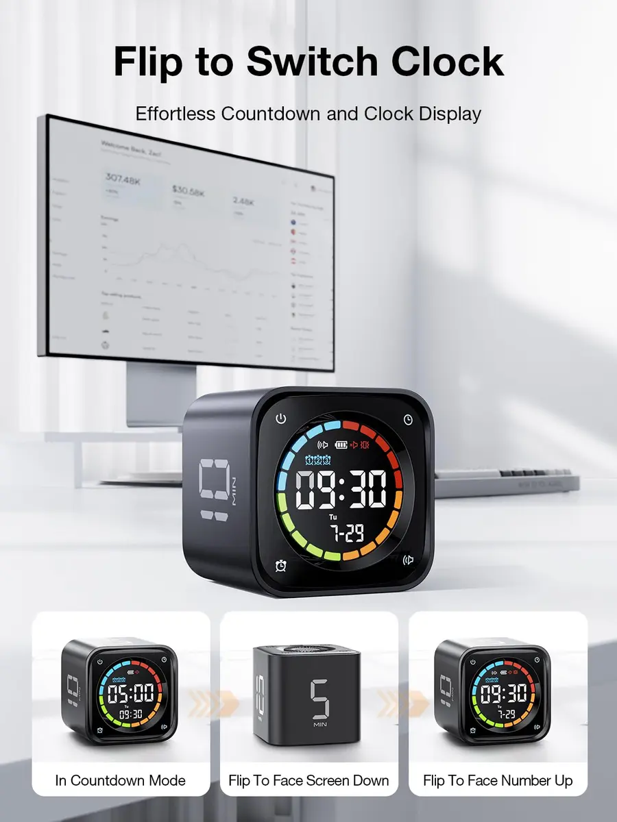 Ticktime Pomodoro Timer Cube 3 Alarm Silent Vibrate Clock 5/10/30/60 Min Obsidian Black - view 7
