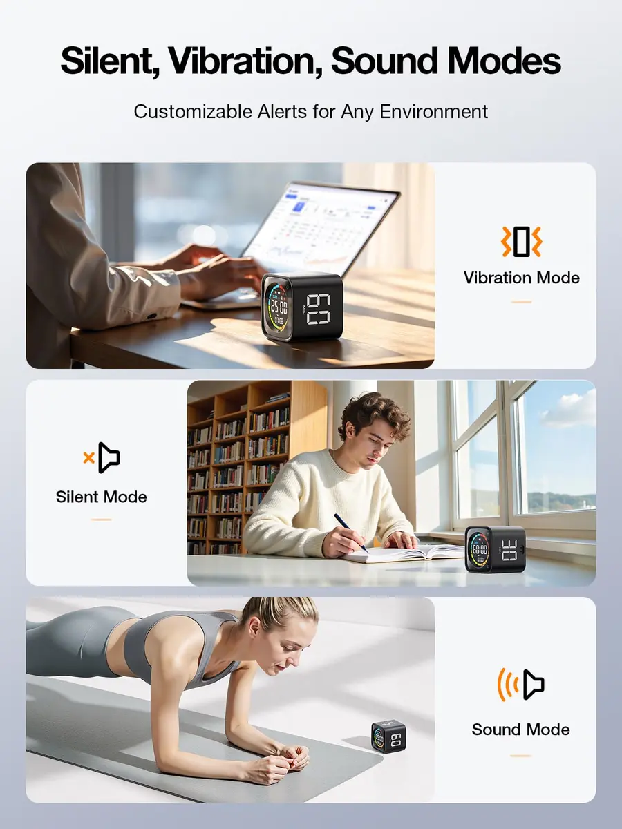Ticktime Pomodoro Timer Cube 3 Alarm Silent Vibrate Clock 5/10/30/60 Min Obsidian Black - view 8