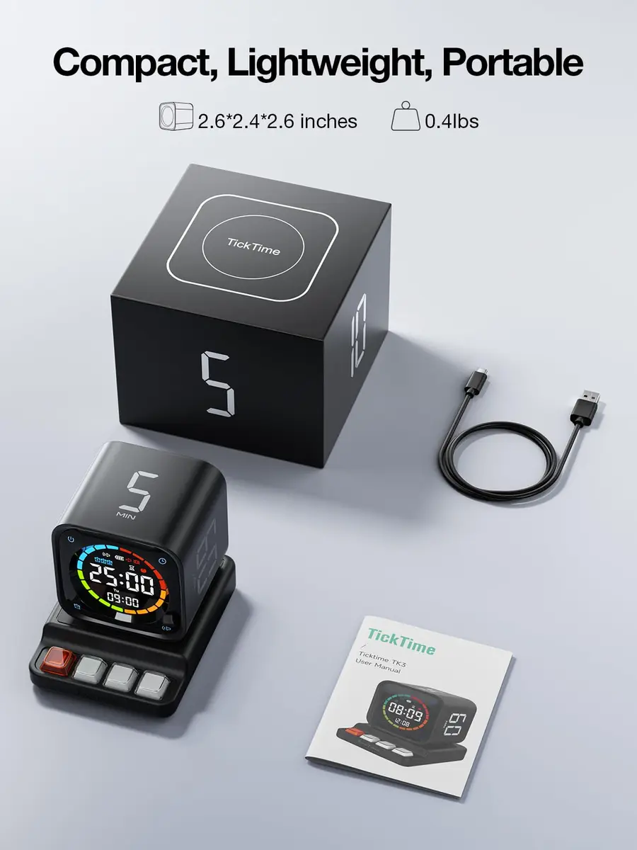 Ticktime Pomodoro Timer Cube 3 Alarm Silent Vibrate Clock 5/10/30/60 Min Obsidian Black - view 9