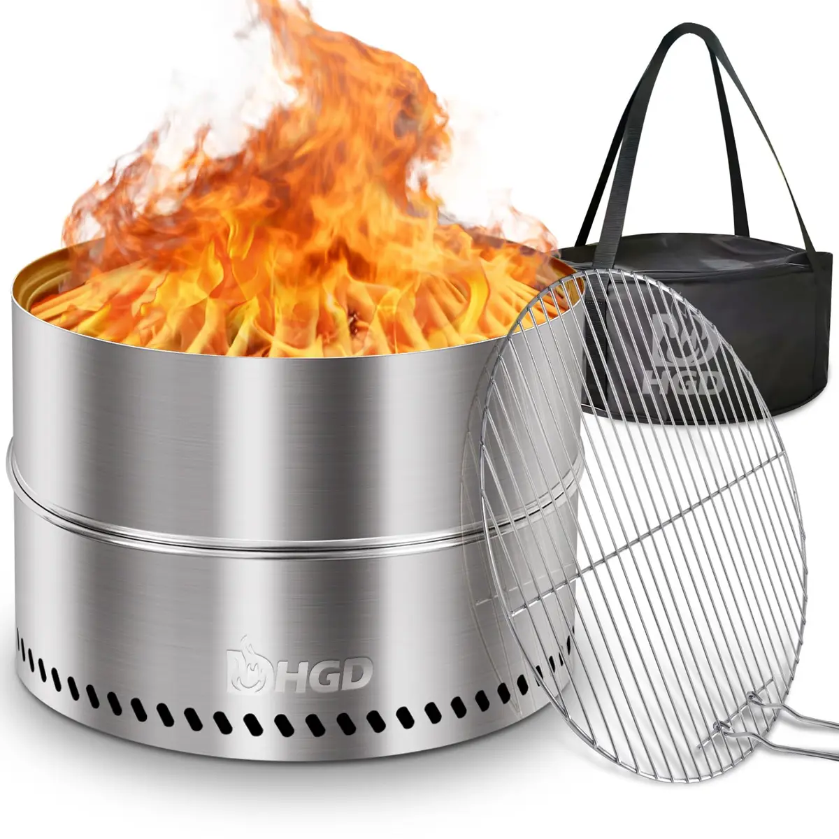 HGD 19.6 Inch Smokeless Firepit with Grill | Portable Wood Burning Outdoor Fireplace - main product image