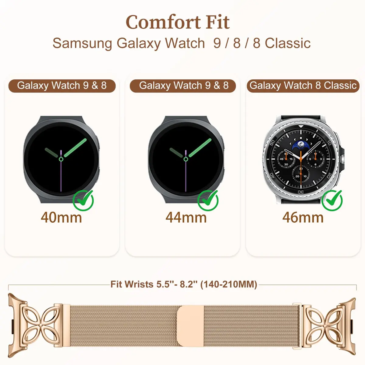 Getino Magnetic Floral Milanese Band for Samsung Galaxy Watch 9/8/8 Classic 40mm 44mm 46mm Rose Gold | Breathable Stainless Steel Strap - view 5