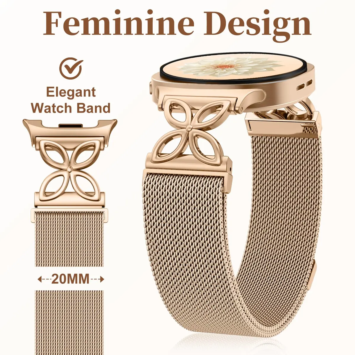 Getino Magnetic Floral Milanese Band for Samsung Galaxy Watch 9/8/8 Classic 40mm 44mm 46mm Rose Gold | Breathable Stainless Steel Strap - view 6