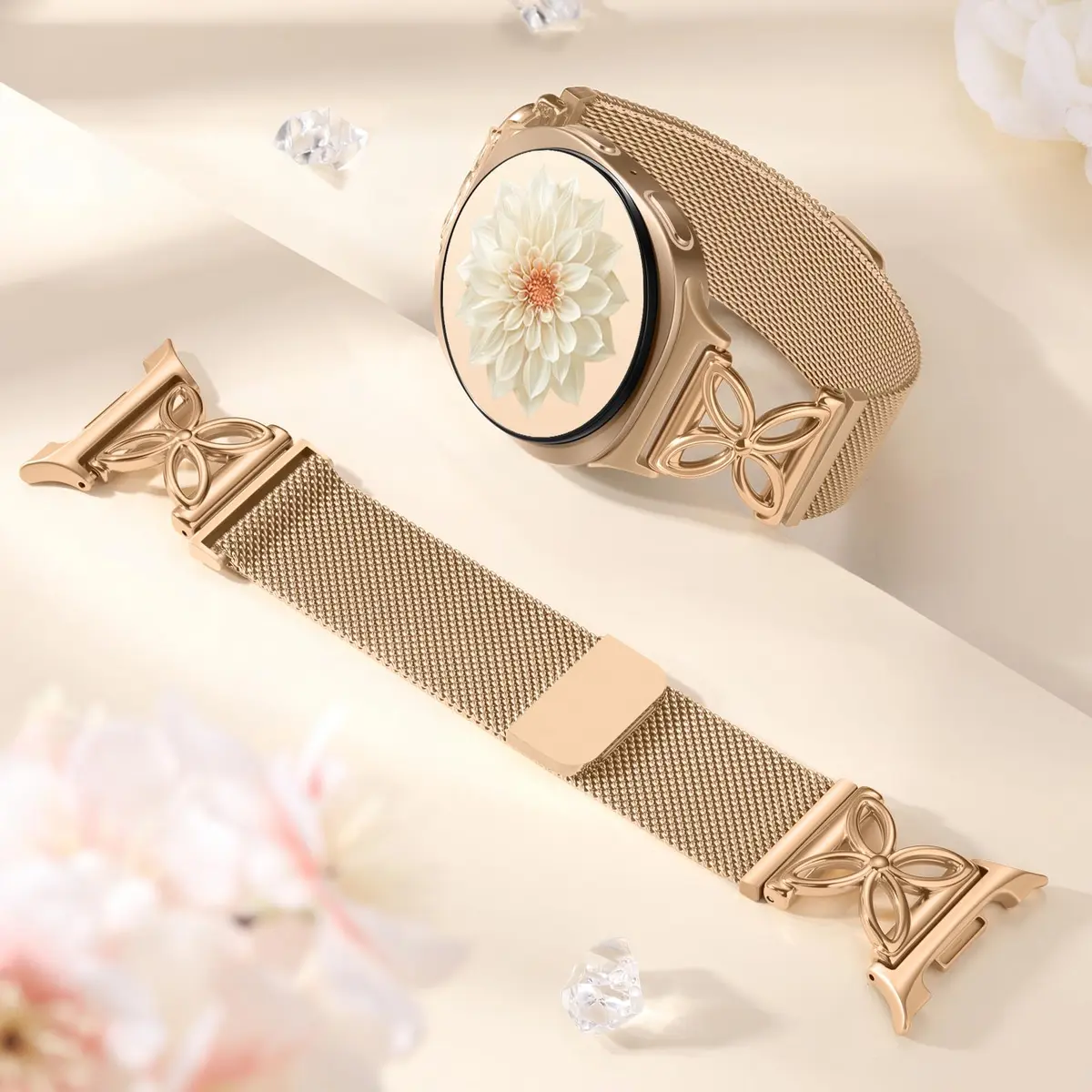 Getino Magnetic Floral Milanese Band for Samsung Galaxy Watch 9/8/8 Classic 40mm 44mm 46mm Rose Gold | Breathable Stainless Steel Strap - view 7