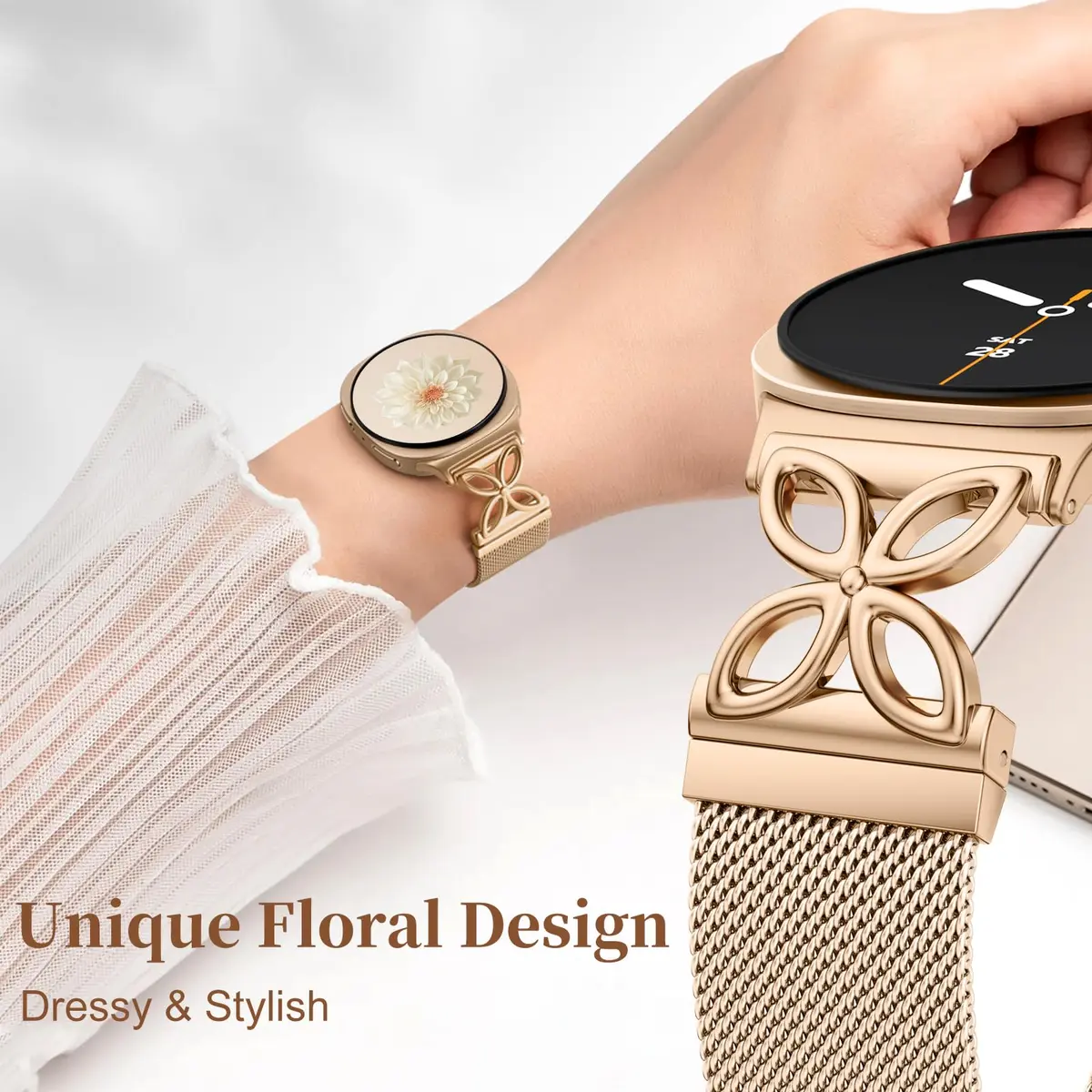 Getino Magnetic Floral Milanese Band for Samsung Galaxy Watch 9/8/8 Classic 40mm 44mm 46mm Rose Gold | Breathable Stainless Steel Strap - view 3