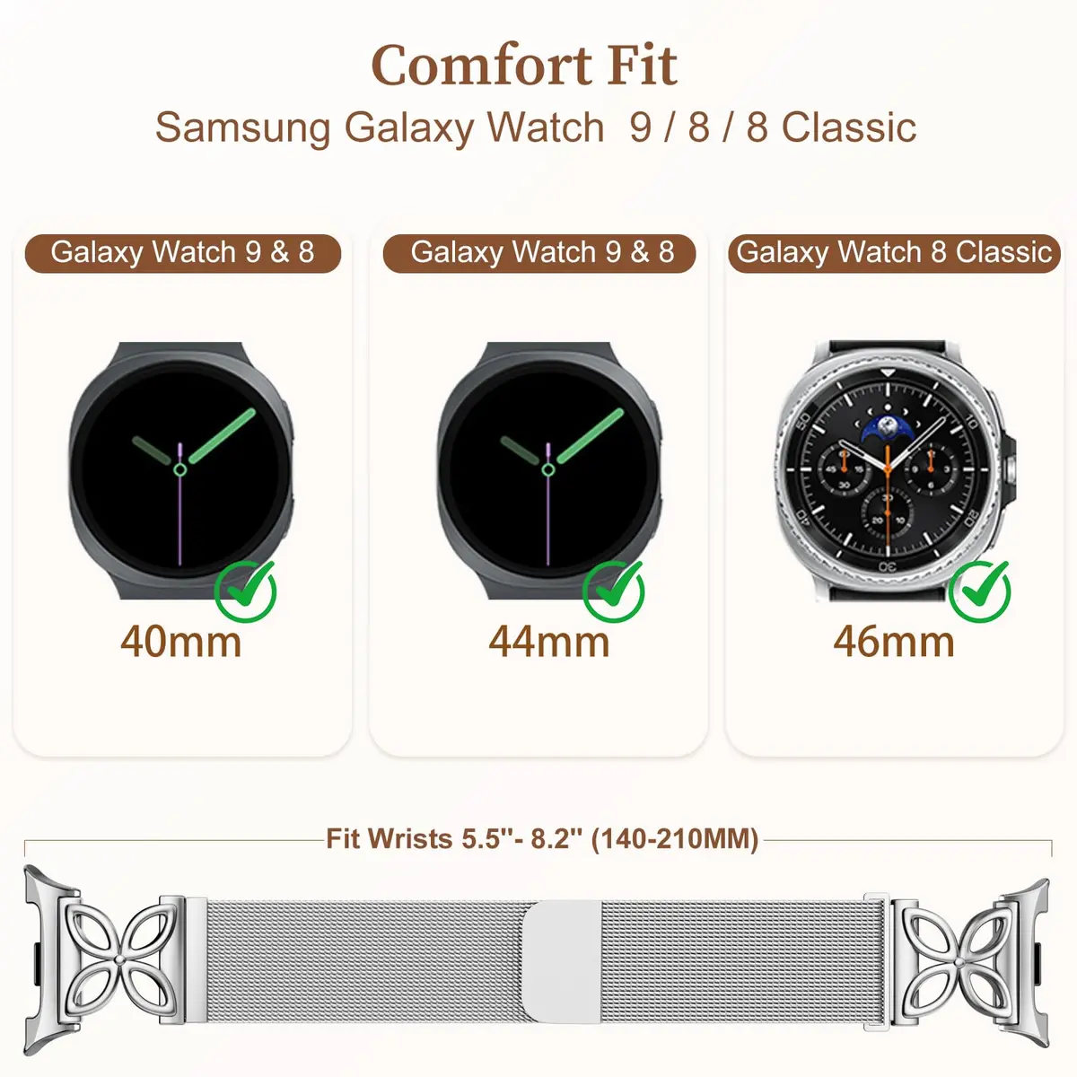 Getino Silver Magnetic Watch Band Compatible with Samsung Galaxy Watch 9 & 8 (40mm,44mm,46mm) | Floral Milanese Strap for Women - view 5