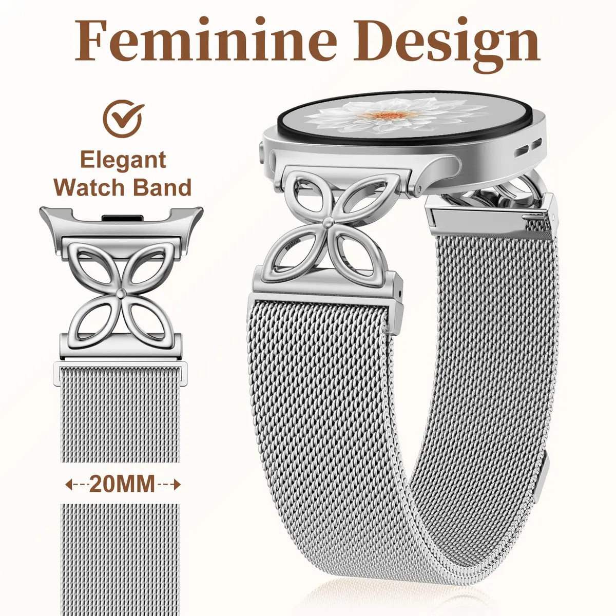 Getino Silver Magnetic Watch Band Compatible with Samsung Galaxy Watch 9 & 8 (40mm,44mm,46mm) | Floral Milanese Strap for Women - view 6