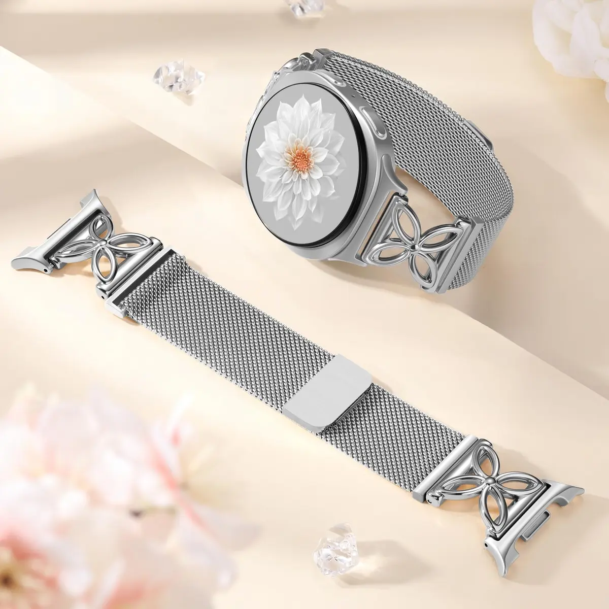 Getino Silver Magnetic Watch Band Compatible with Samsung Galaxy Watch 9 & 8 (40mm,44mm,46mm) | Floral Milanese Strap for Women - view 7