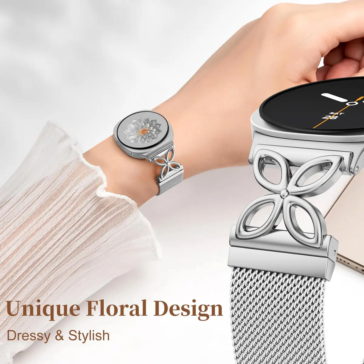 Getino Silver Magnetic Watch Band Compatible with Samsung Galaxy Watch 9 & 8 (40mm,44mm,46mm) | Floral Milanese Strap for Women - view 3