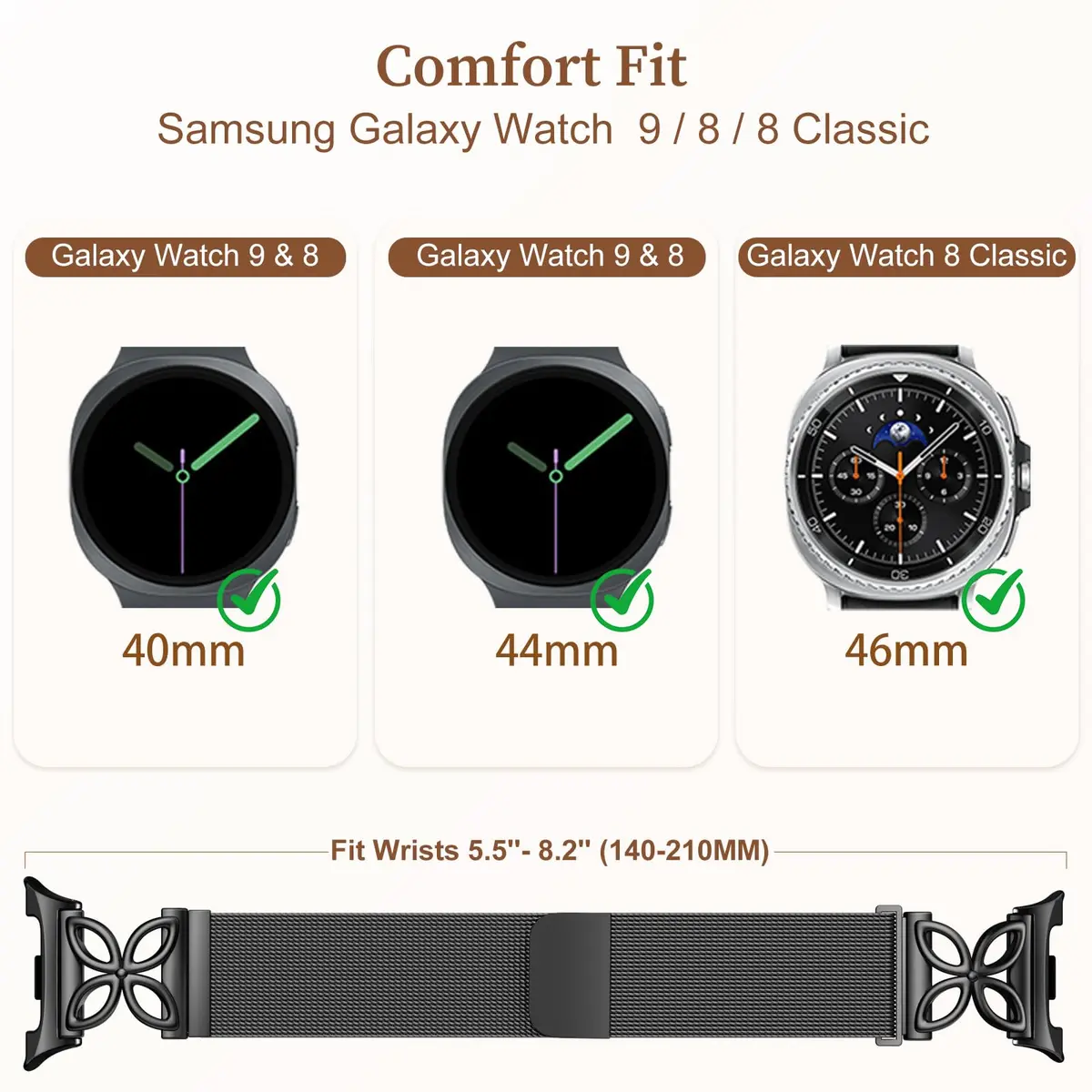 Getino Magnetic Floral Watch Band Compatible with Samsung Galaxy Watch 9/8/8 Classic 40mm 44mm 46mm Black | Stainless Steel Milanese Strap - view 5