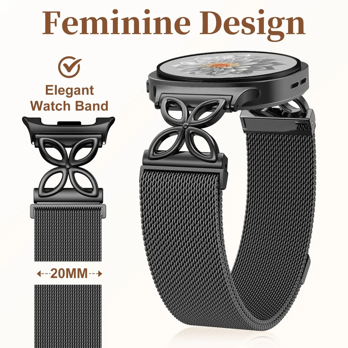 Getino Magnetic Floral Watch Band Compatible with Samsung Galaxy Watch 9/8/8 Classic 40mm 44mm 46mm Black | Stainless Steel Milanese Strap - view 6