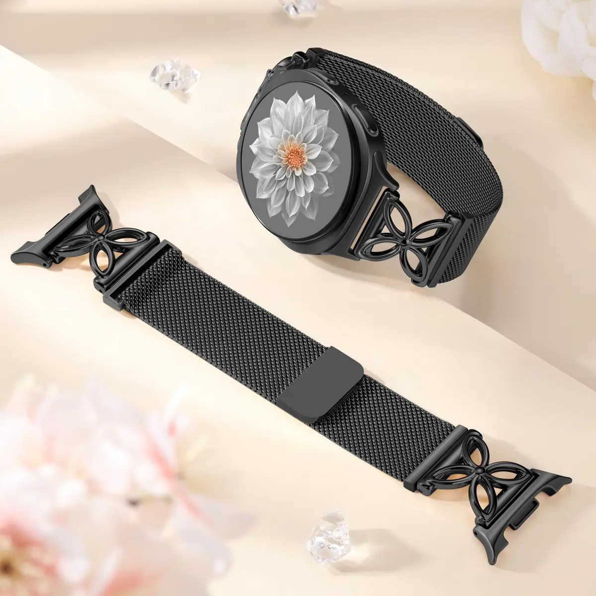 Getino Magnetic Floral Watch Band Compatible with Samsung Galaxy Watch 9/8/8 Classic 40mm 44mm 46mm Black | Stainless Steel Milanese Strap - view 7