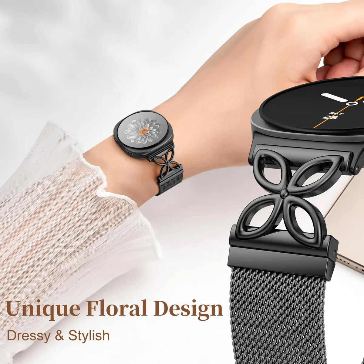 Getino Magnetic Floral Watch Band Compatible with Samsung Galaxy Watch 9/8/8 Classic 40mm 44mm 46mm Black | Stainless Steel Milanese Strap - view 3