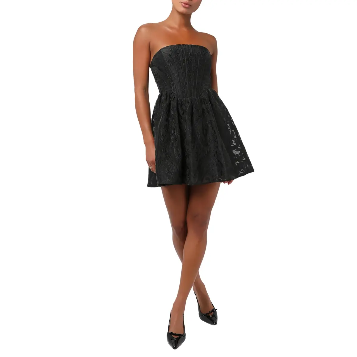 Lulus Ayla Jacquard Women's Cocktail Mini Dress, Black, Large | Flattering Festive Style with Supportive Boning - main product image