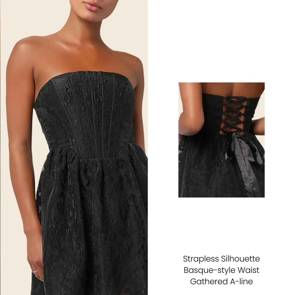 Lulus Ayla Jacquard Women's Cocktail Mini Dress, Black, Large | Flattering Festive Style with Supportive Boning - view 2