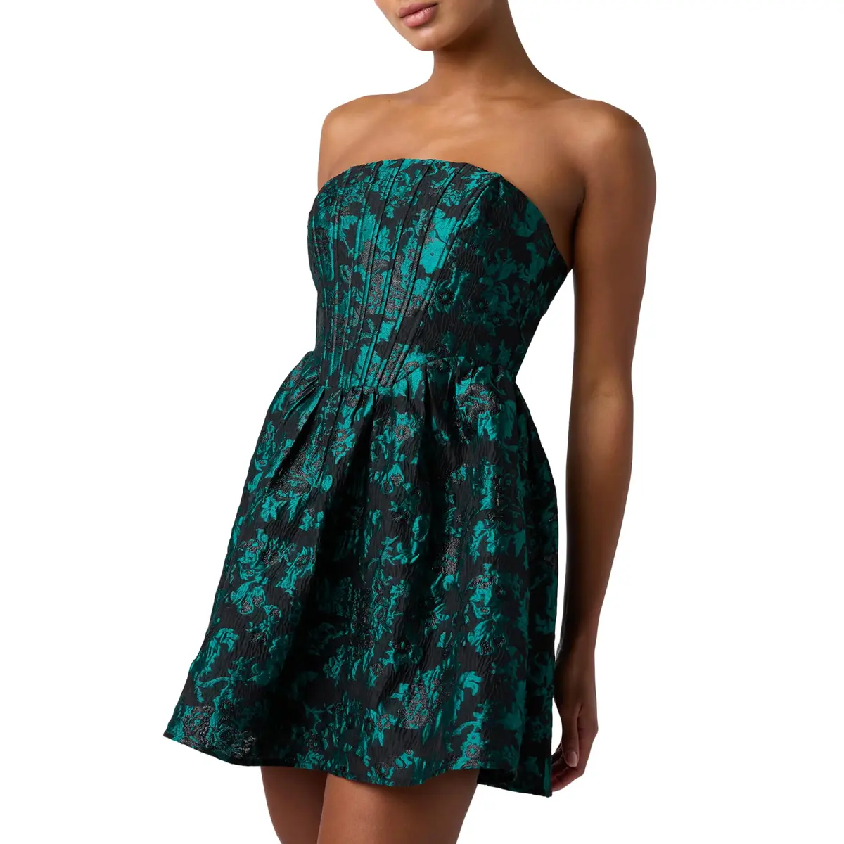 Lulus Ayla Jacquard Women's Cocktail Mini Dress, Emerald, Small | Elegant holiday party attire with supportive bustier design - main product image