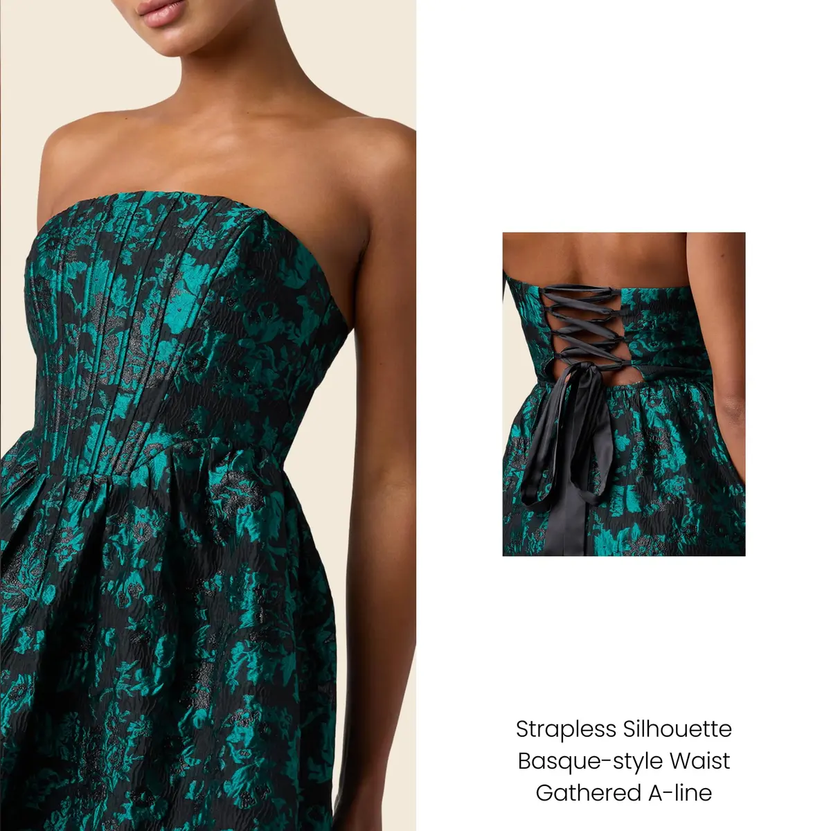Lulus Ayla Jacquard Women's Cocktail Mini Dress, Emerald, Small | Elegant holiday party attire with supportive bustier design - view 2
