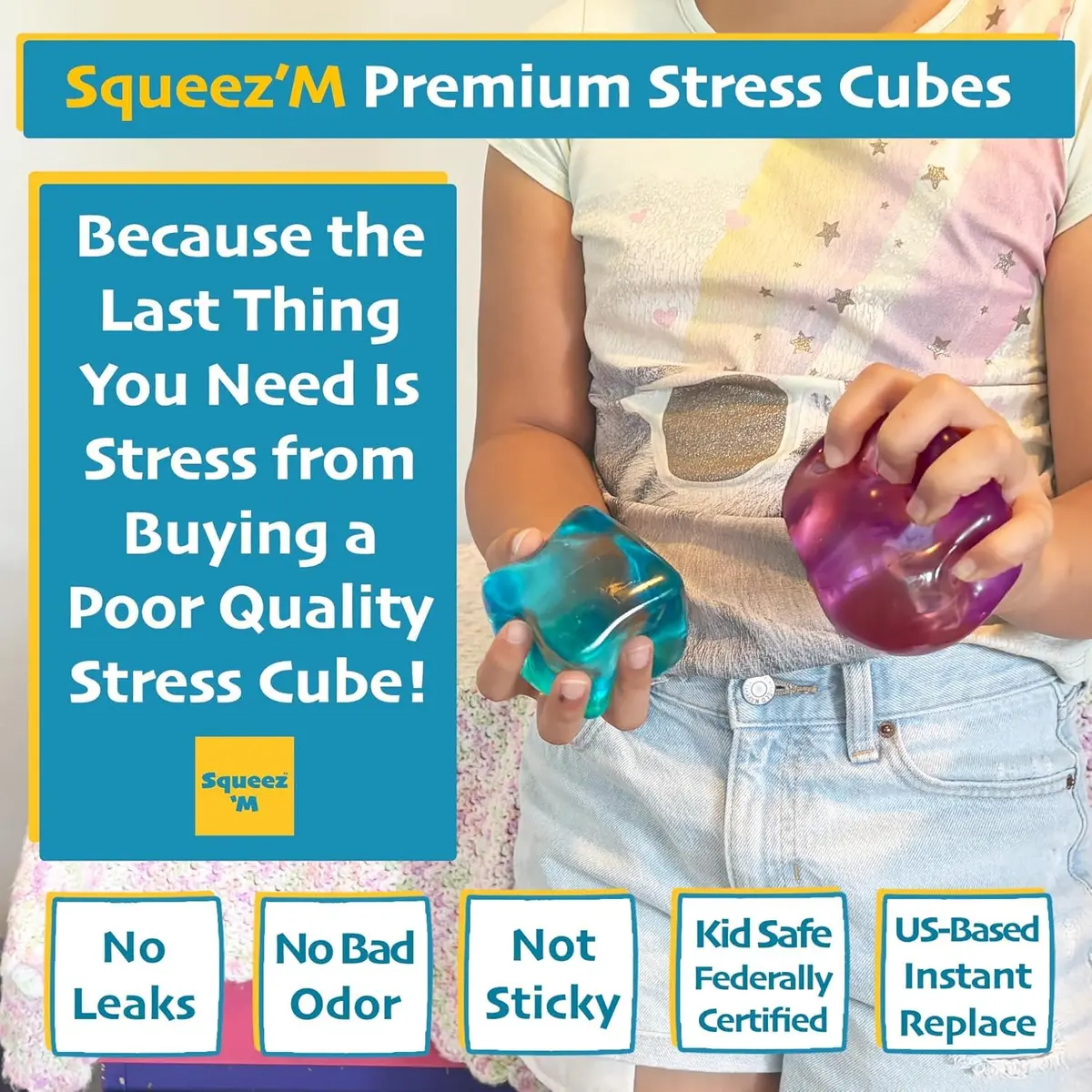 Squeez'M Big Block Premium Stress Cube 2 Pack, Blue & Pink 6.35cm (2.5in) | ASTM Certified Non-Toxic Sensory Toy - view 2