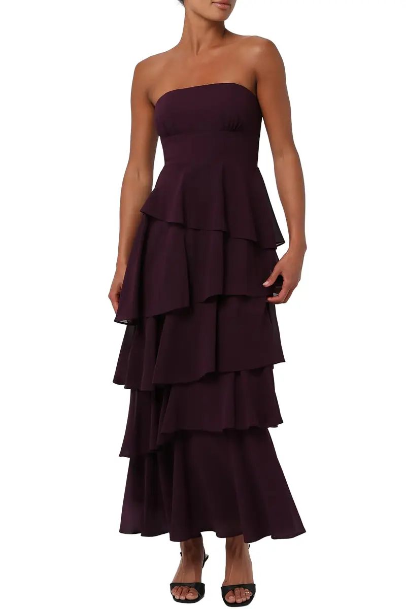 Lulus Jovie Tiered Women's Formal Midi Dress, Eggplant, Large | Elegant Strapless Midi Dress for Parties & Weddings - main product image