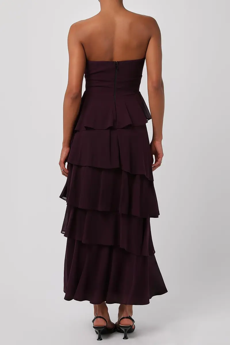Lulus Jovie Tiered Women's Formal Midi Dress, Eggplant, Large | Elegant Strapless Midi Dress for Parties & Weddings - view 2