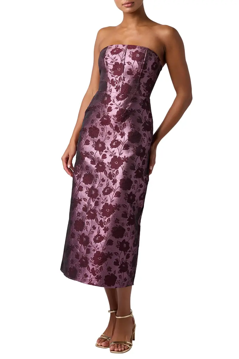Lulus Emily Corset Floral Women's Midi Dress, Eggplant Floral | Elegant Strapless Fitted Midi for Formal & Party Wear - main product image