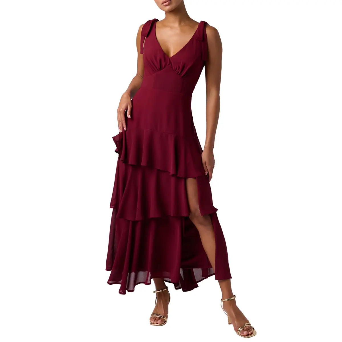 Lulus Arya Tiered Maxi Dress, Wine, Extra Large | Flattering V-Neck, Tiered Silhouette & Side Slit - main product image