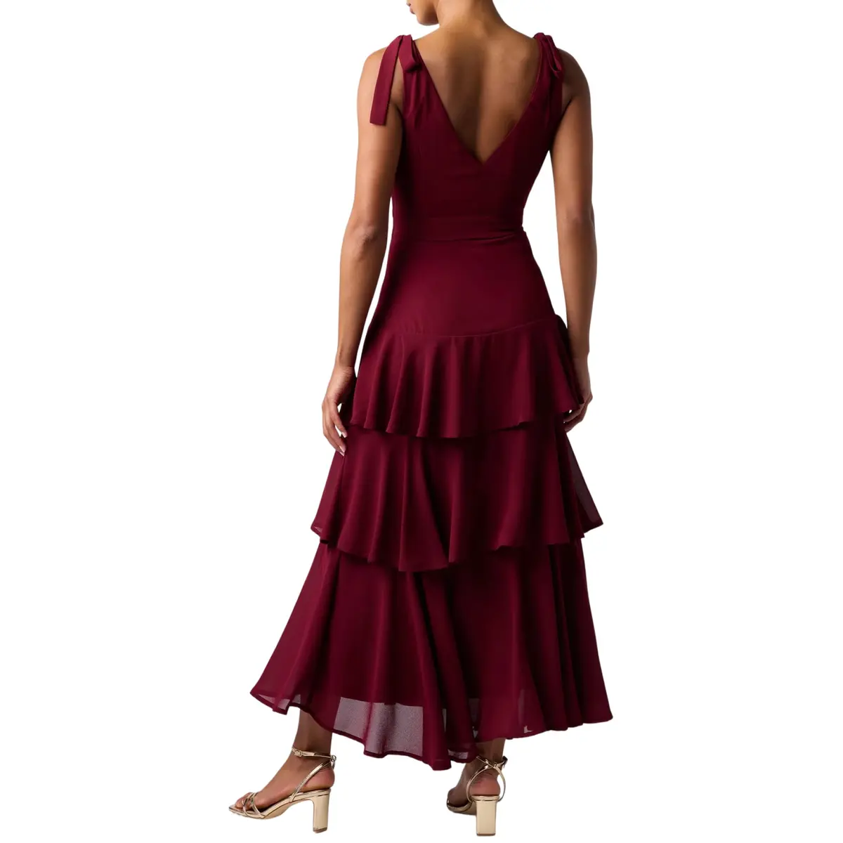 Lulus Arya Tiered Maxi Dress, Wine, Extra Large | Flattering V-Neck, Tiered Silhouette & Side Slit - view 2