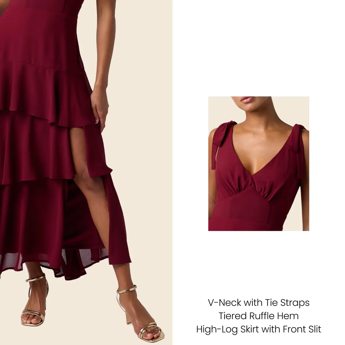Lulus Arya Tiered Maxi Dress, Wine, Extra Large | Flattering V-Neck, Tiered Silhouette & Side Slit - view 3