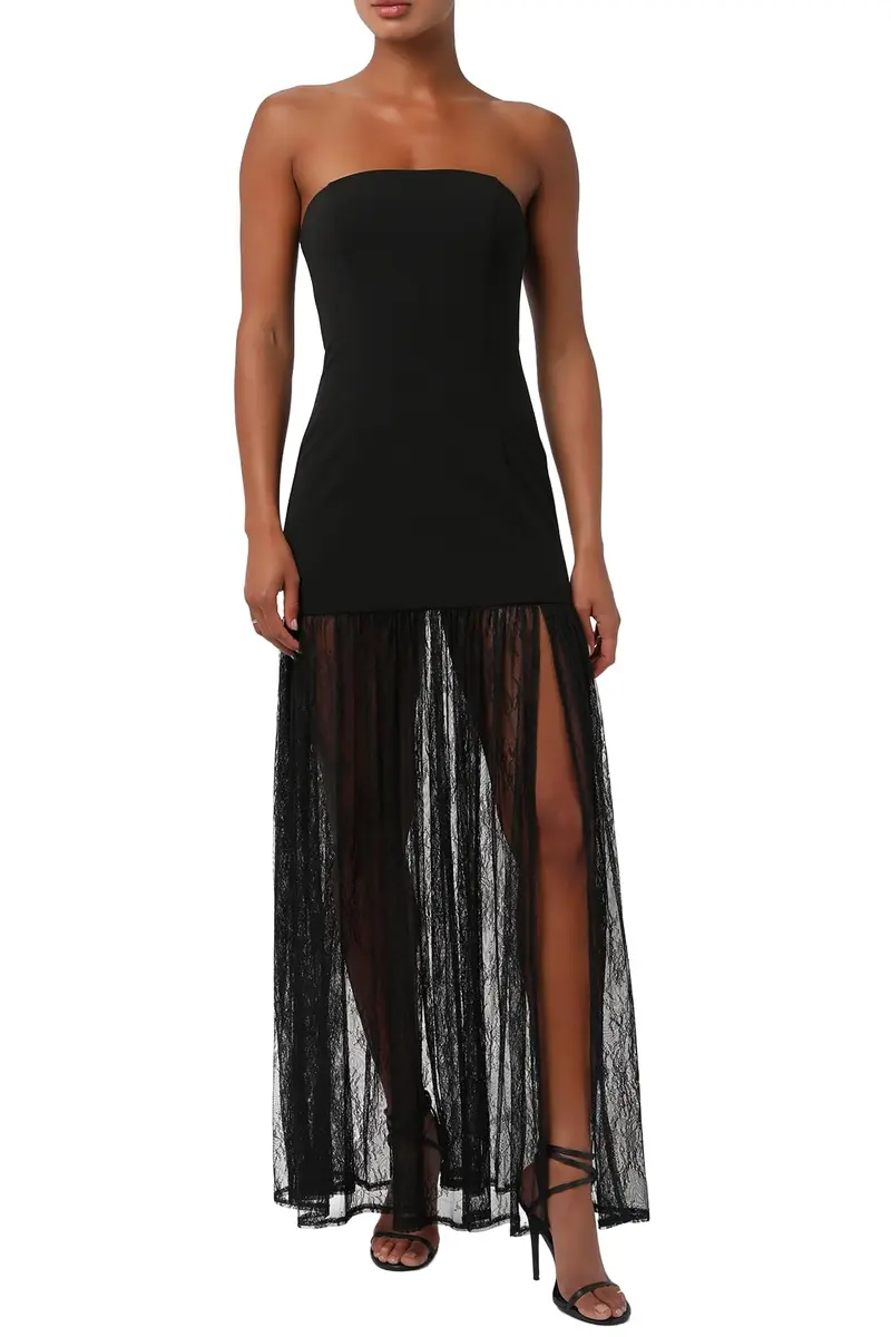 Lulus Lucille Strapless Lace Maxi Dress | Elegant Black Formal Gown, Medium - main product image