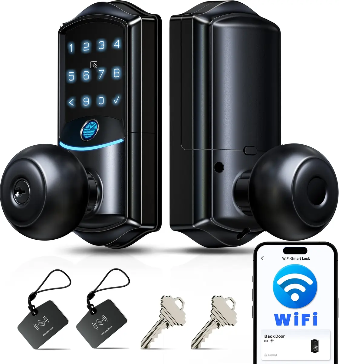 Veise VE028 WiFi Fingerprint Smart Door Lock with Knob Handle, Matte Black 1.3 kg (2.87 lb) | Smart Remote Access & Voice Control - main product image