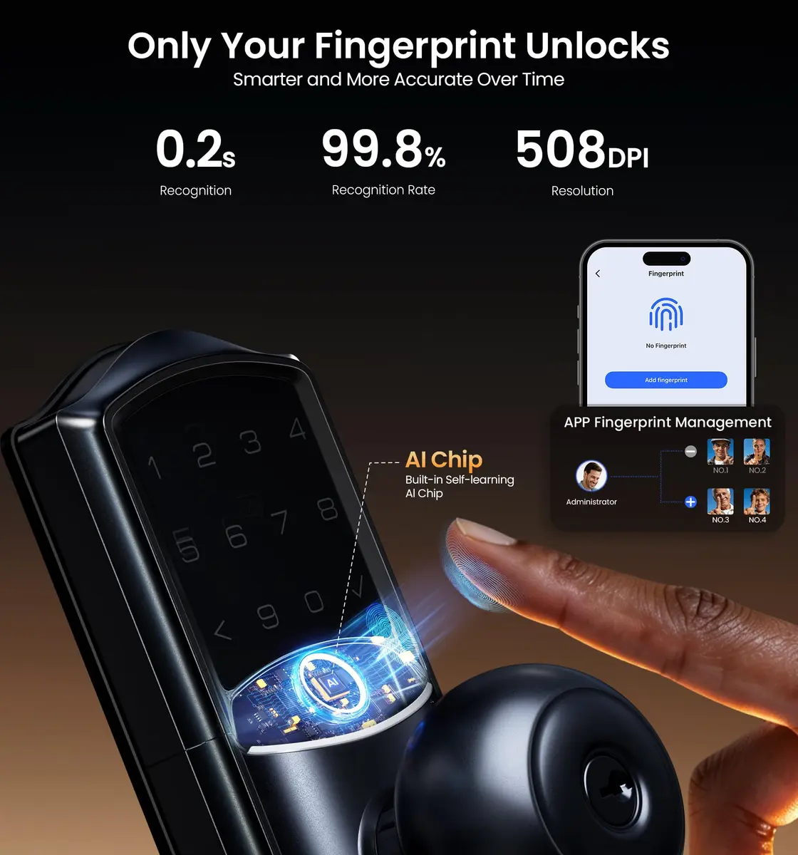 Veise VE028 WiFi Fingerprint Smart Door Lock with Knob Handle, Matte Black 1.3 kg (2.87 lb) | Smart Remote Access & Voice Control - view 5