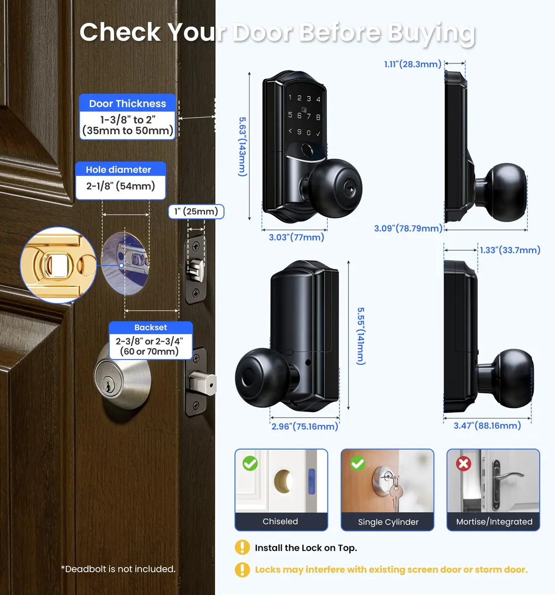 Veise VE028 WiFi Fingerprint Smart Door Lock with Knob Handle, Matte Black 1.3 kg (2.87 lb) | Smart Remote Access & Voice Control - view 7