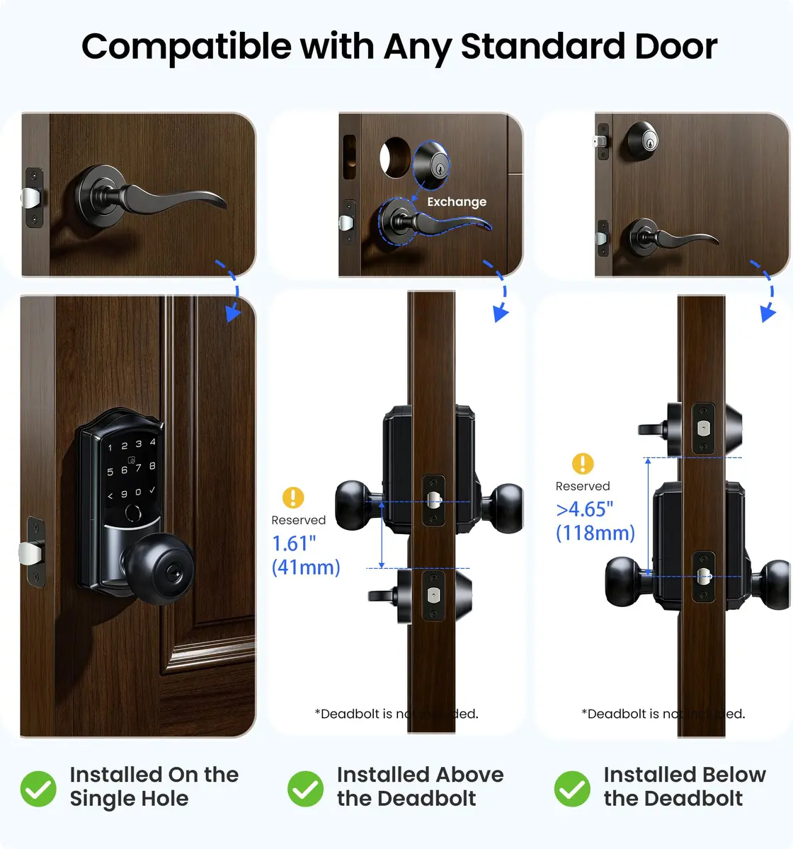 Veise VE028 WiFi Fingerprint Smart Door Lock with Knob Handle, Matte Black 1.3 kg (2.87 lb) | Smart Remote Access & Voice Control - view 8