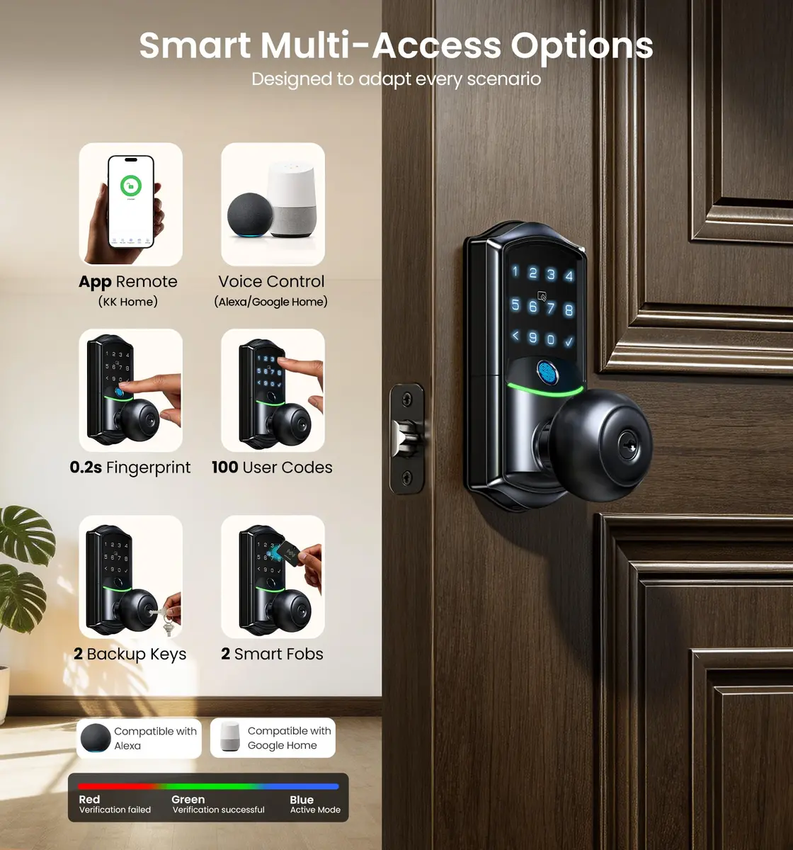 Veise VE028 WiFi Fingerprint Smart Door Lock with Knob Handle, Matte Black 1.3 kg (2.87 lb) | Smart Remote Access & Voice Control - view 3