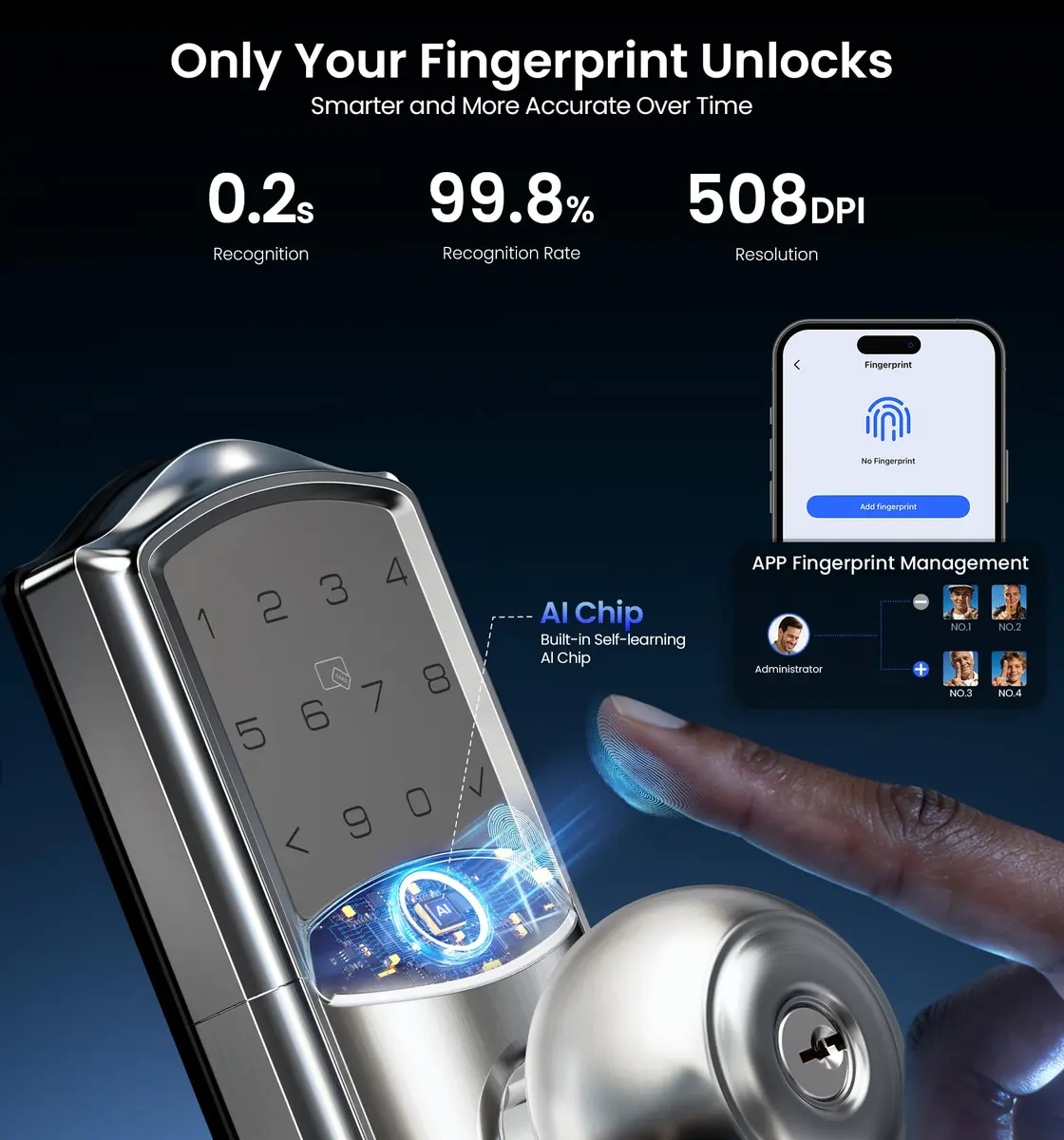 Veise VE028 WiFi Fingerprint Smart Door Lock with Knob Handle, Satin Nickel 2.82 lb (1.288 kg) | Remote App, Voice Control, Keyless Entry - view 6