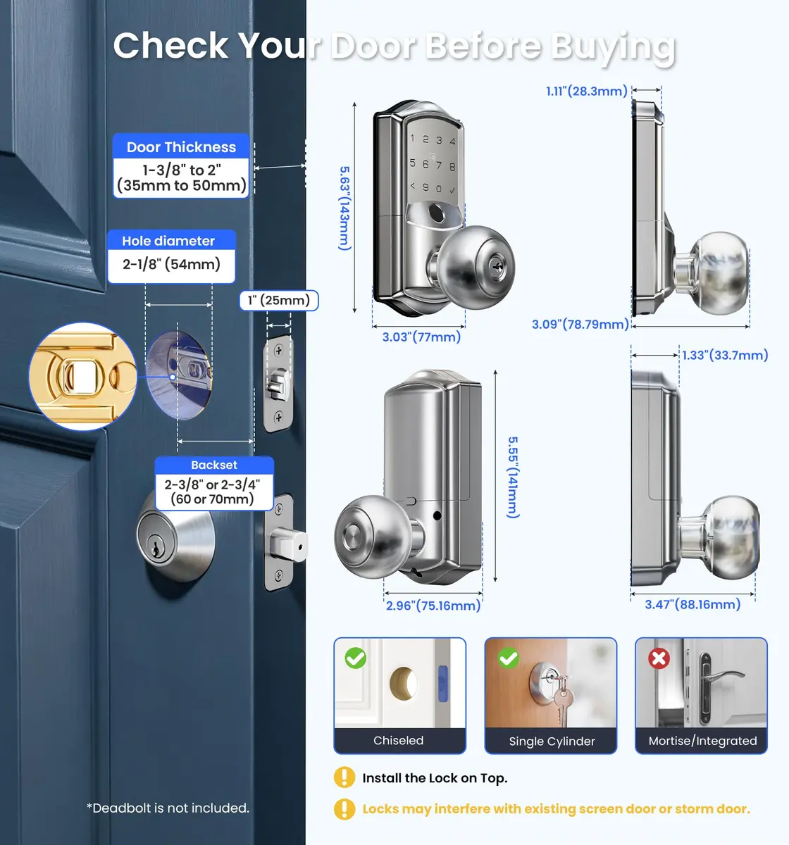Veise VE028 WiFi Fingerprint Smart Door Lock with Knob Handle, Satin Nickel 2.82 lb (1.288 kg) | Remote App, Voice Control, Keyless Entry - view 7