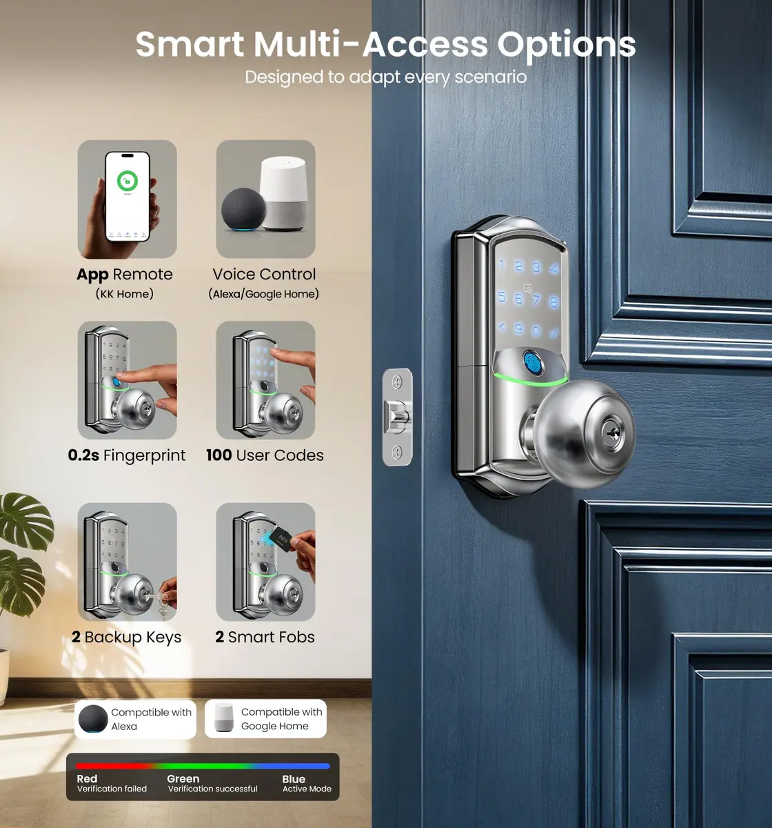 Veise VE028 WiFi Fingerprint Smart Door Lock with Knob Handle, Satin Nickel 2.82 lb (1.288 kg) | Remote App, Voice Control, Keyless Entry - view 3