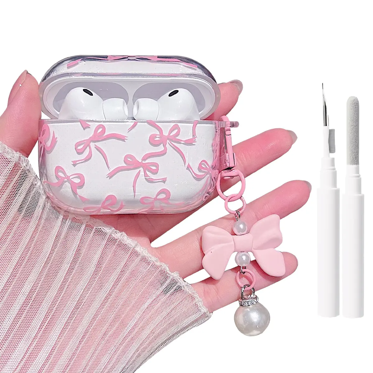MINSCOSE Pink Ribbon Bow AirPods Pro 3 Case with Keychain & Cleaner Kit | Cute Girly Design - main product image