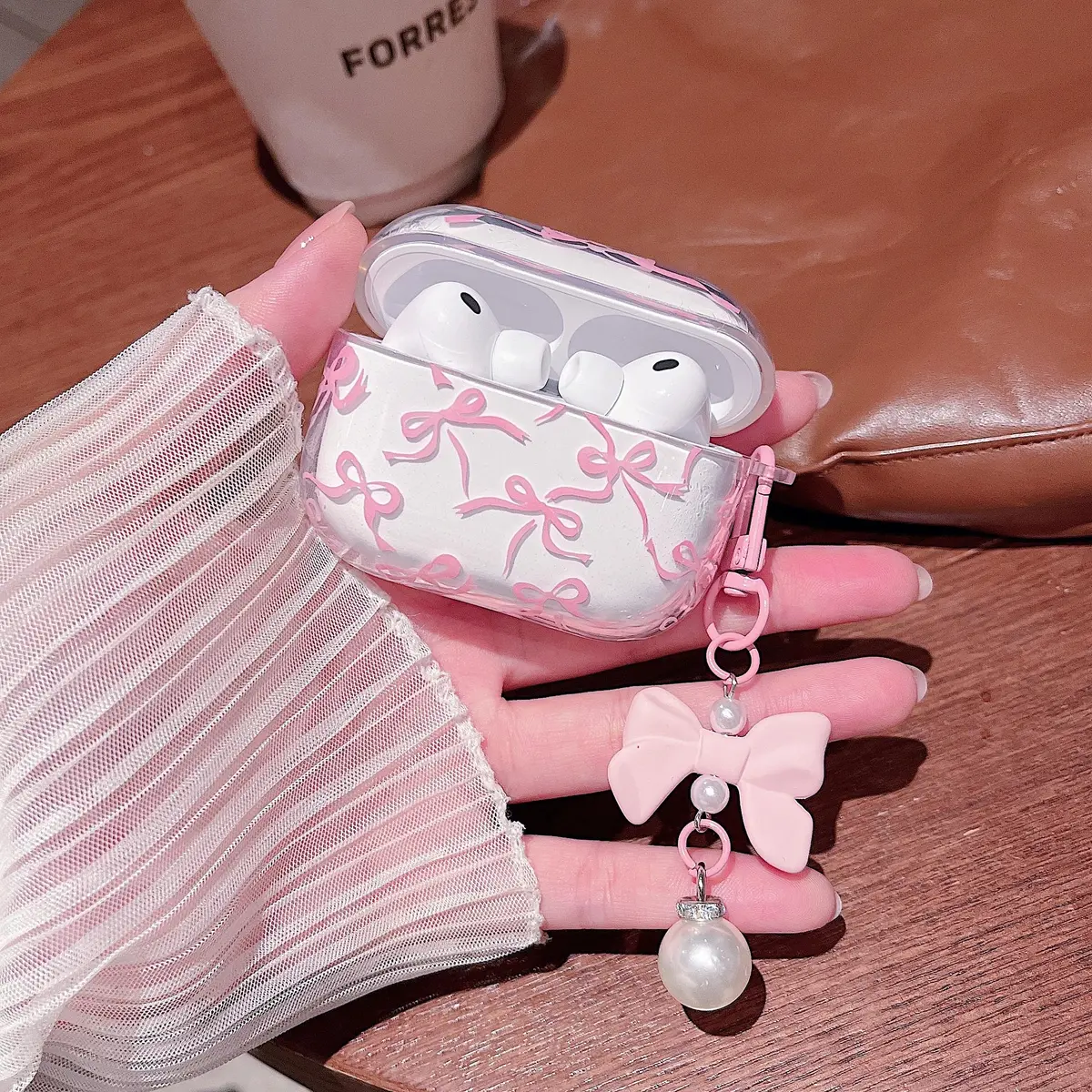 MINSCOSE Pink Ribbon Bow AirPods Pro 3 Case with Keychain & Cleaner Kit | Cute Girly Design - view 5