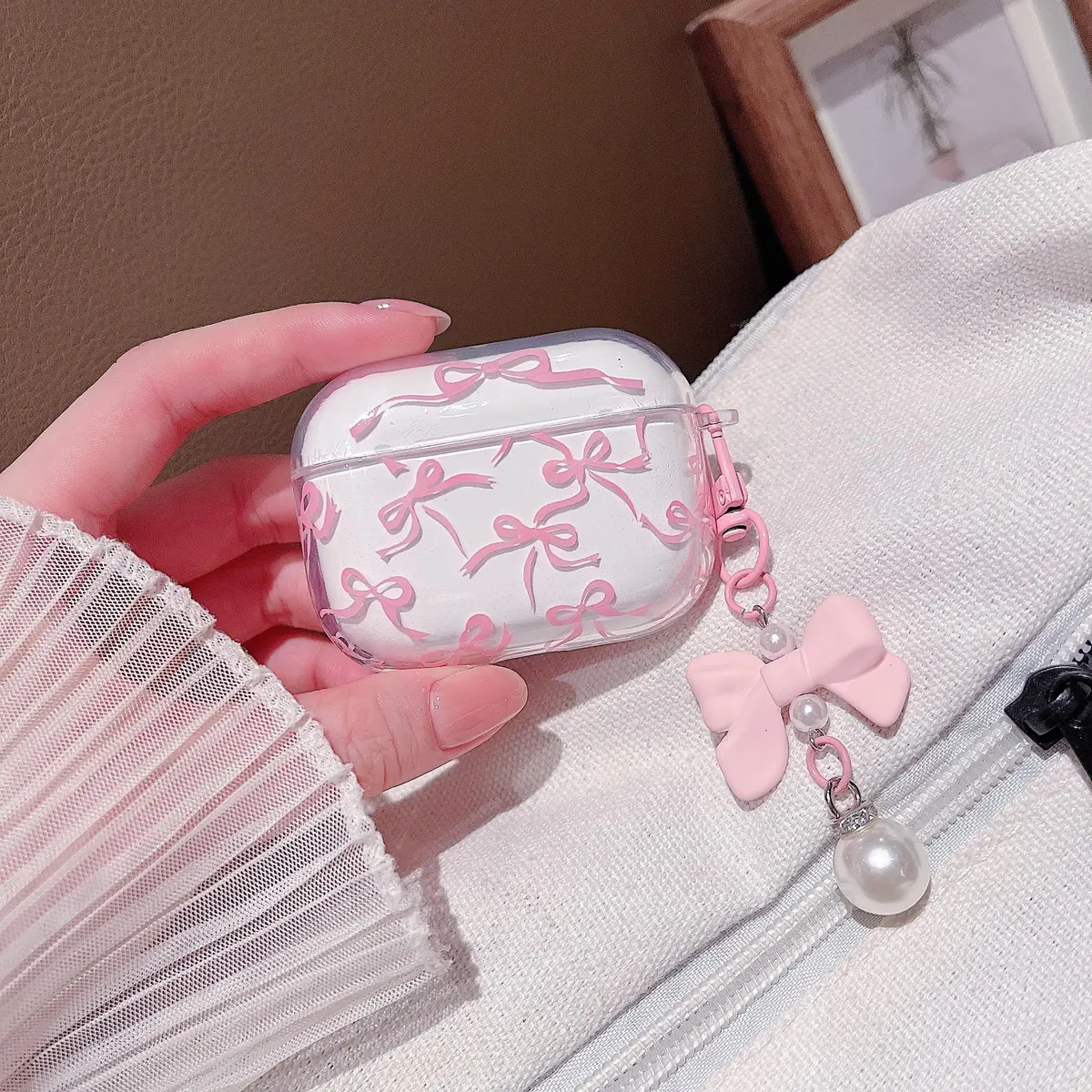 MINSCOSE Pink Ribbon Bow AirPods Pro 3 Case with Keychain & Cleaner Kit | Cute Girly Design - view 3