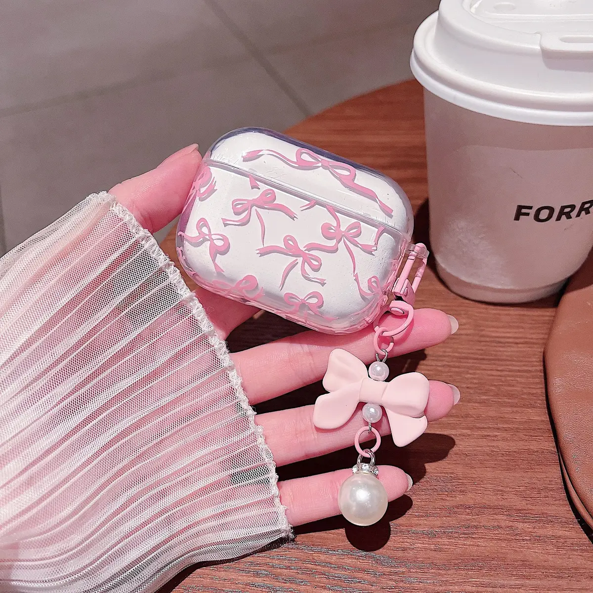 MINSCOSE Pink Ribbon Bow AirPods Pro 3 Case with Keychain & Cleaner Kit | Cute Girly Design - view 4