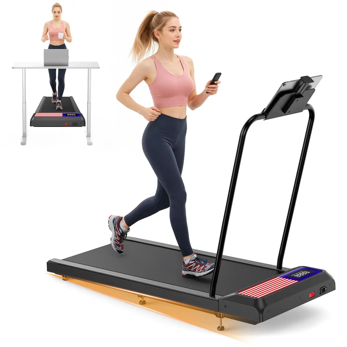 HOELLL Compact Treadmill with 0-8% Incline & APP Sync | Under Desk Walking Pad, 2.5HP, Blue Red - main product image