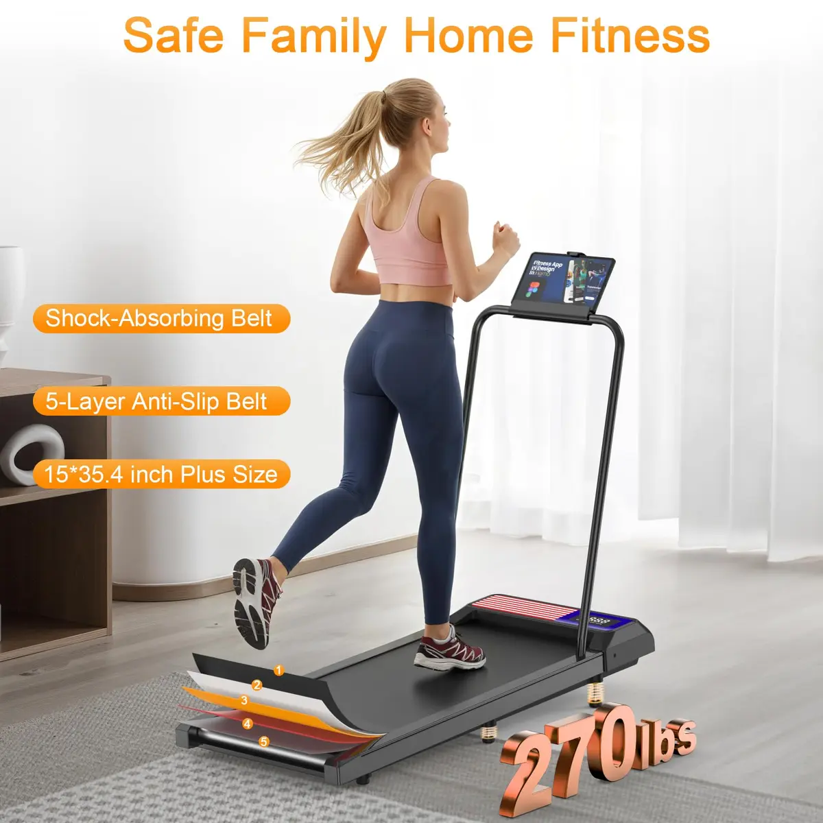 HOELLL Compact Treadmill with 0-8% Incline & APP Sync | Under Desk Walking Pad, 2.5HP, Blue Red - view 6