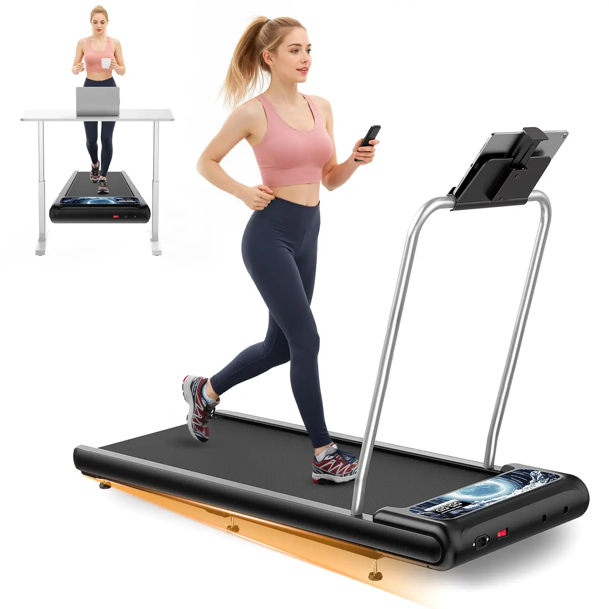 HOELLL Treadmill for Home Small | 0%-8% Incline & APP Sync, Compact Under Desk Walking Pad with Handle Bar, Remote & LED Display, 2.5HP, Blue - main product image