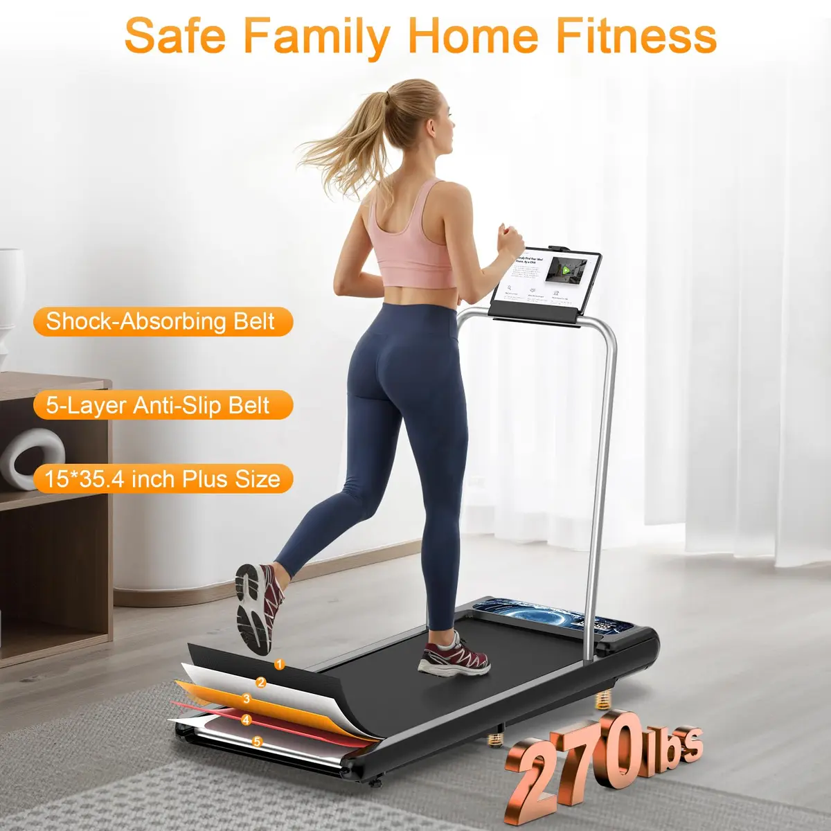 HOELLL Treadmill for Home Small | 0%-8% Incline & APP Sync, Compact Under Desk Walking Pad with Handle Bar, Remote & LED Display, 2.5HP, Blue - view 6