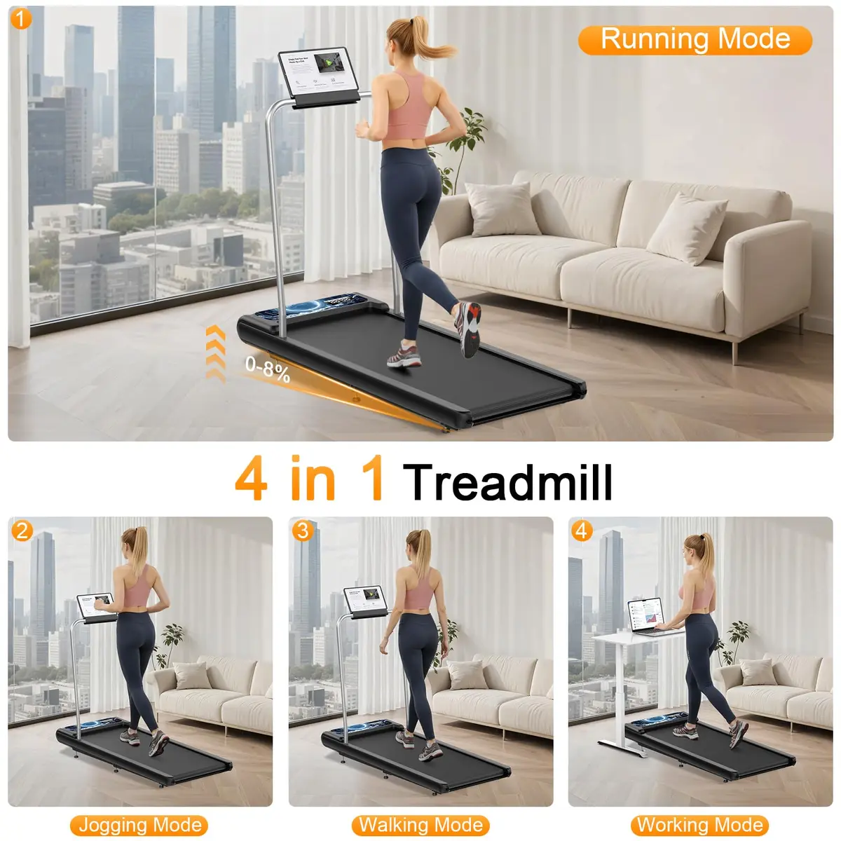 HOELLL Treadmill for Home Small | 0%-8% Incline & APP Sync, Compact Under Desk Walking Pad with Handle Bar, Remote & LED Display, 2.5HP, Blue - view 4