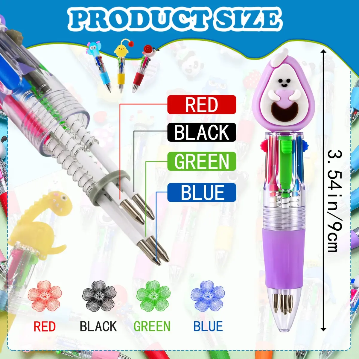 BIMORITA 4-in-1 Mini Multicolor Ballpoint Pens | Pack of 60 Cute Cartoon Pens for Party Favors & School Gifts - view 3