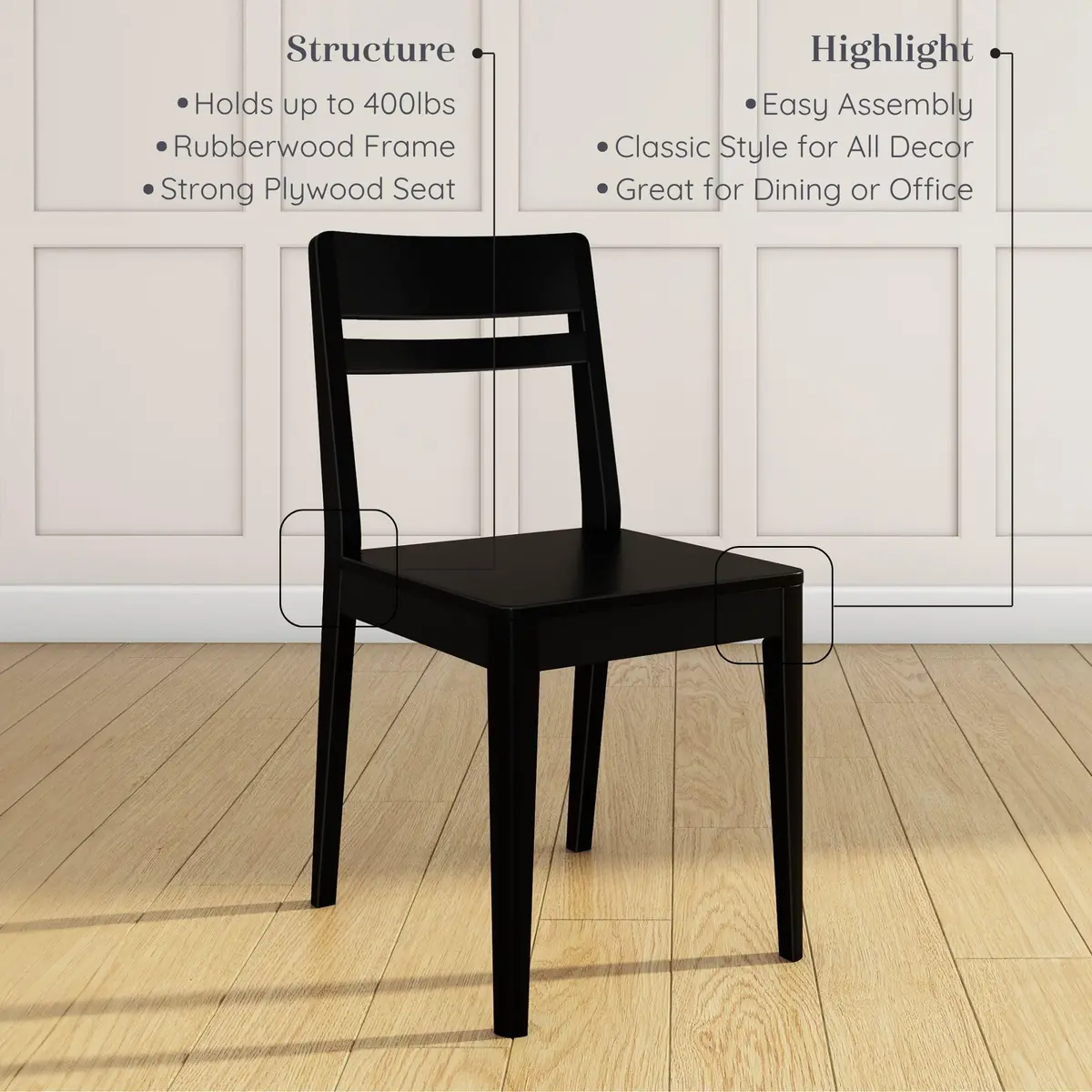 Grain & Grove Crew Dining Chair, Black | Solid Rubberwood & Engineered Wood Comfort - view 3