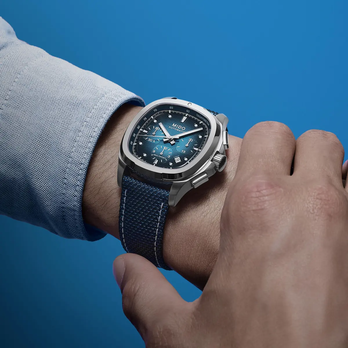 MIDO Multifort TV Chronograph Swiss Automatic Watch for Men | Blue Dial, 41.2x42mm Stainless Steel Case & Bracelet - view 3